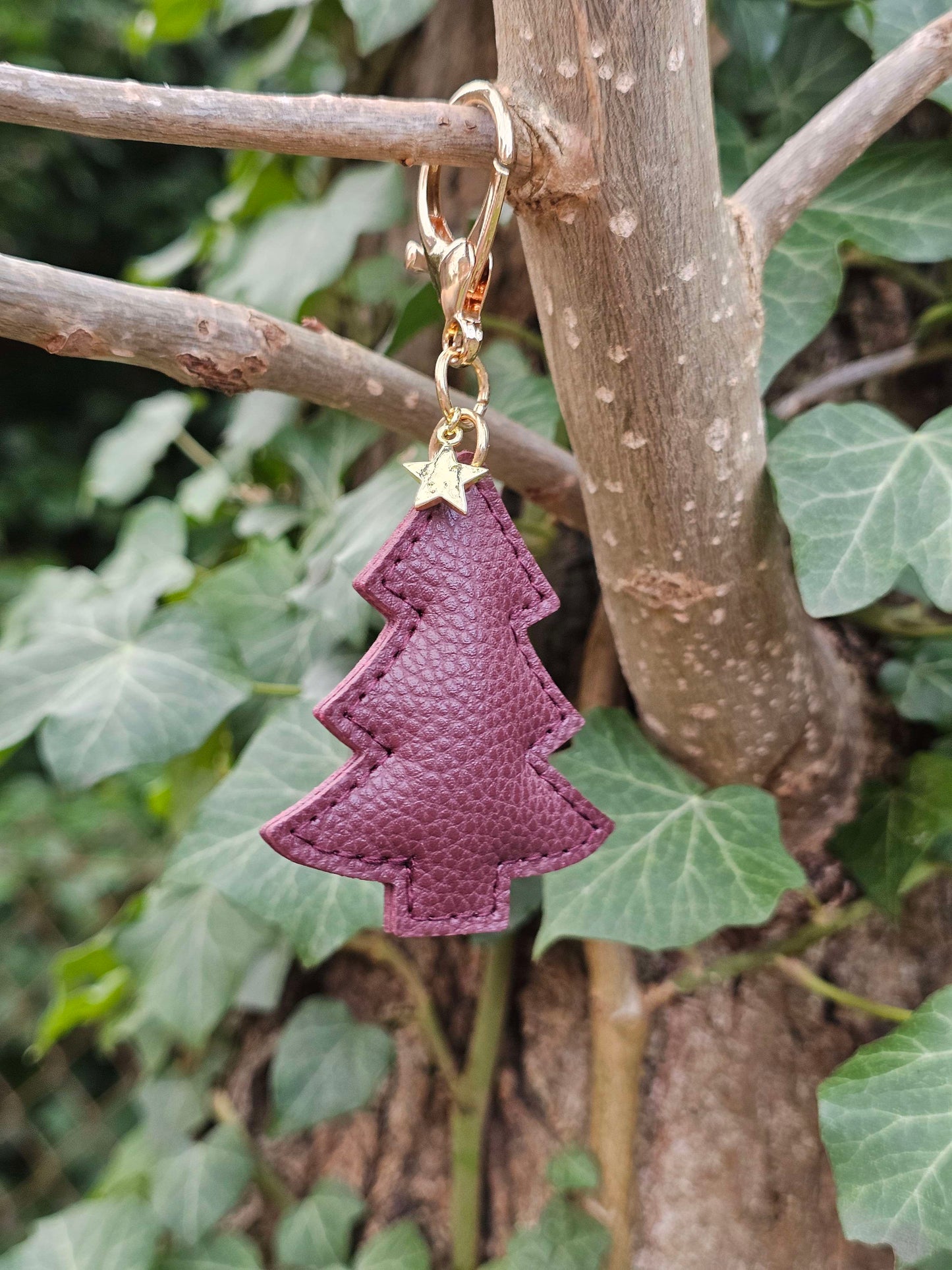 Burgundy Christmas Tree Leather Keyring