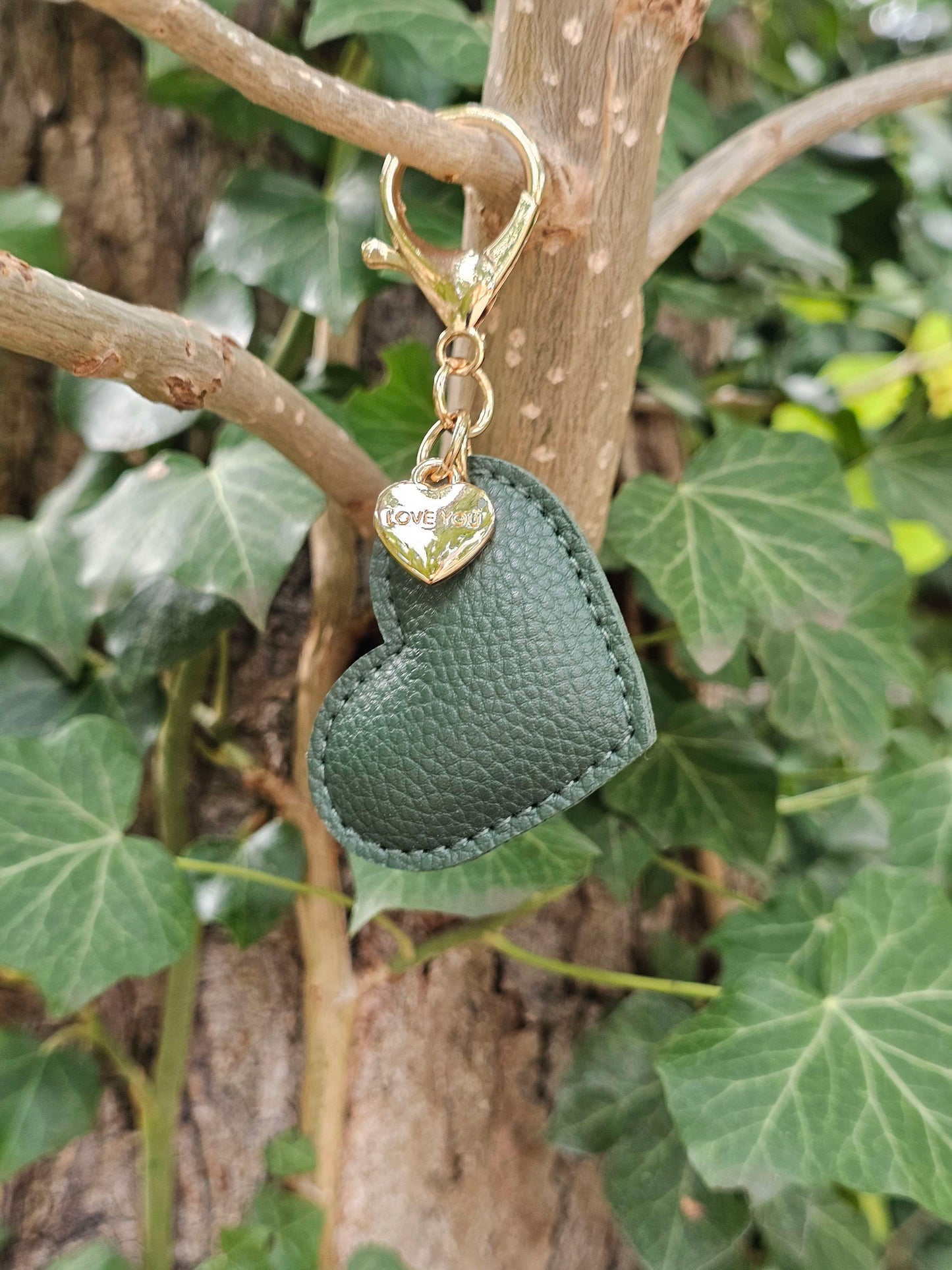 Dark Green Leather Heart Keyring