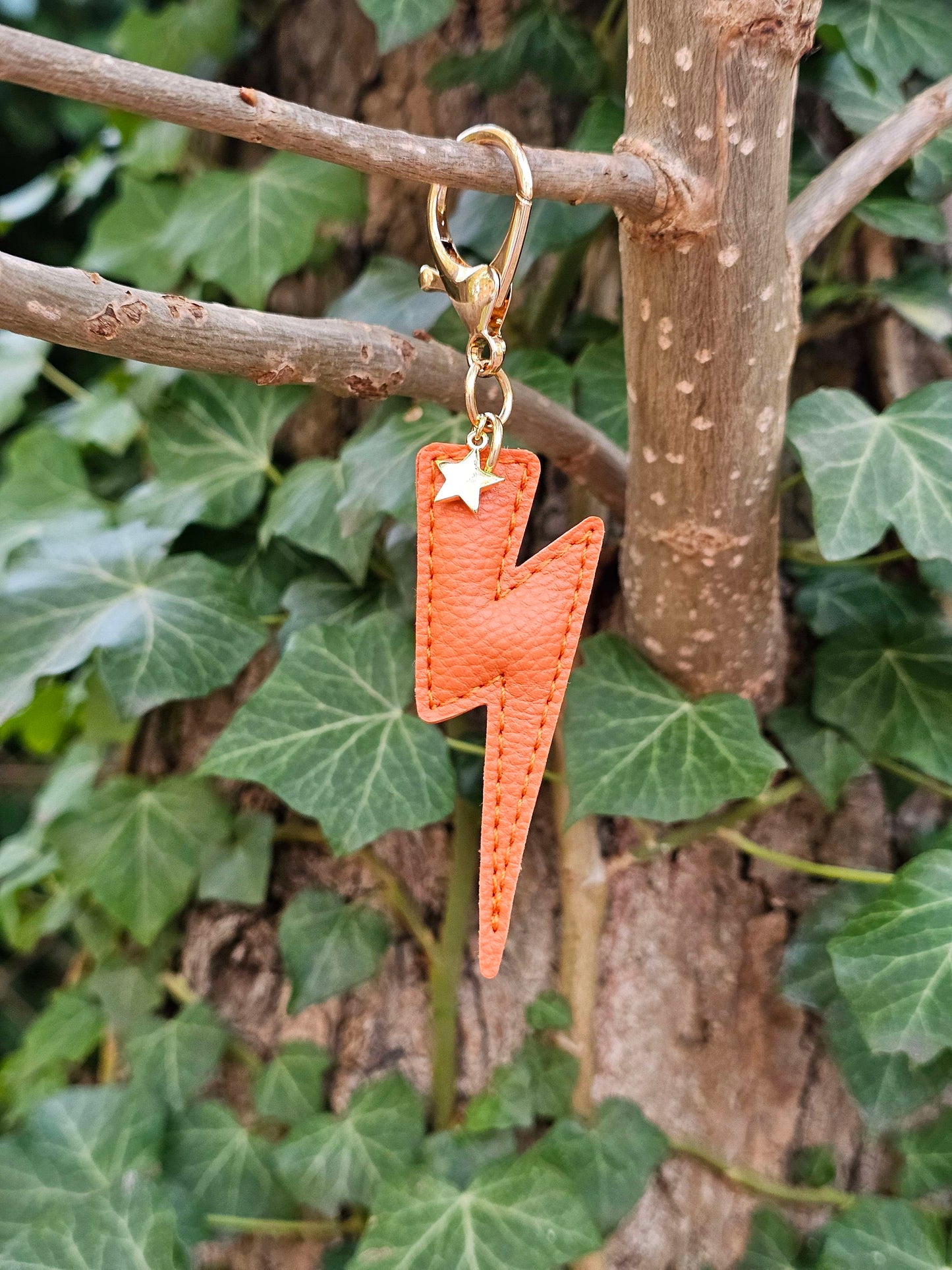 Orange Lightning Bolt Leather Keyring