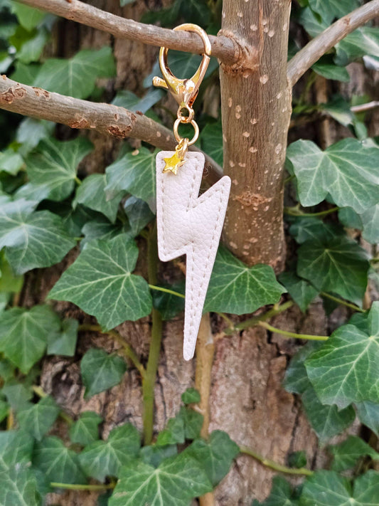 White Lightning Bolt Leather Keyring