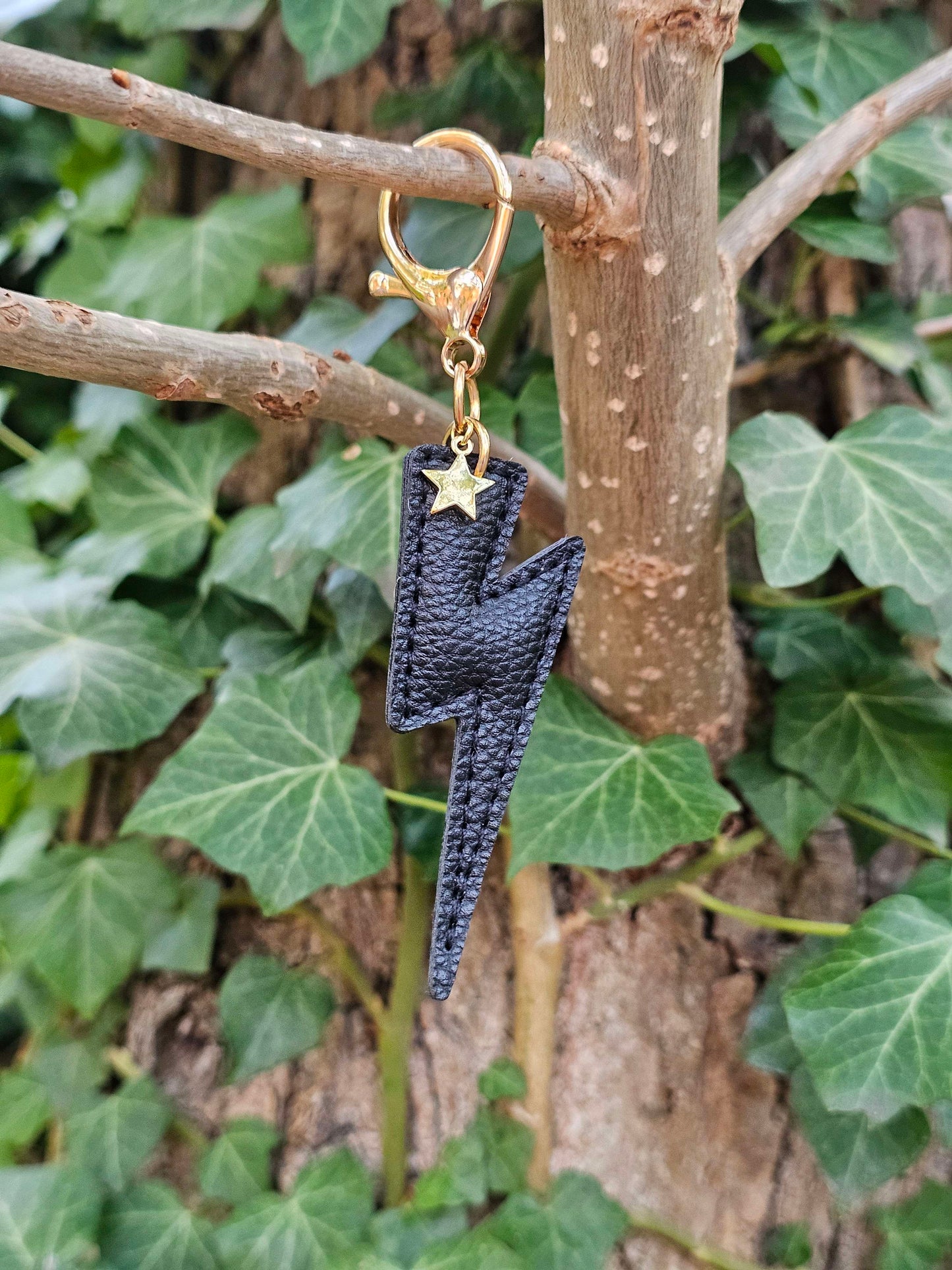 Black Lightning Bolt Leather Keyring