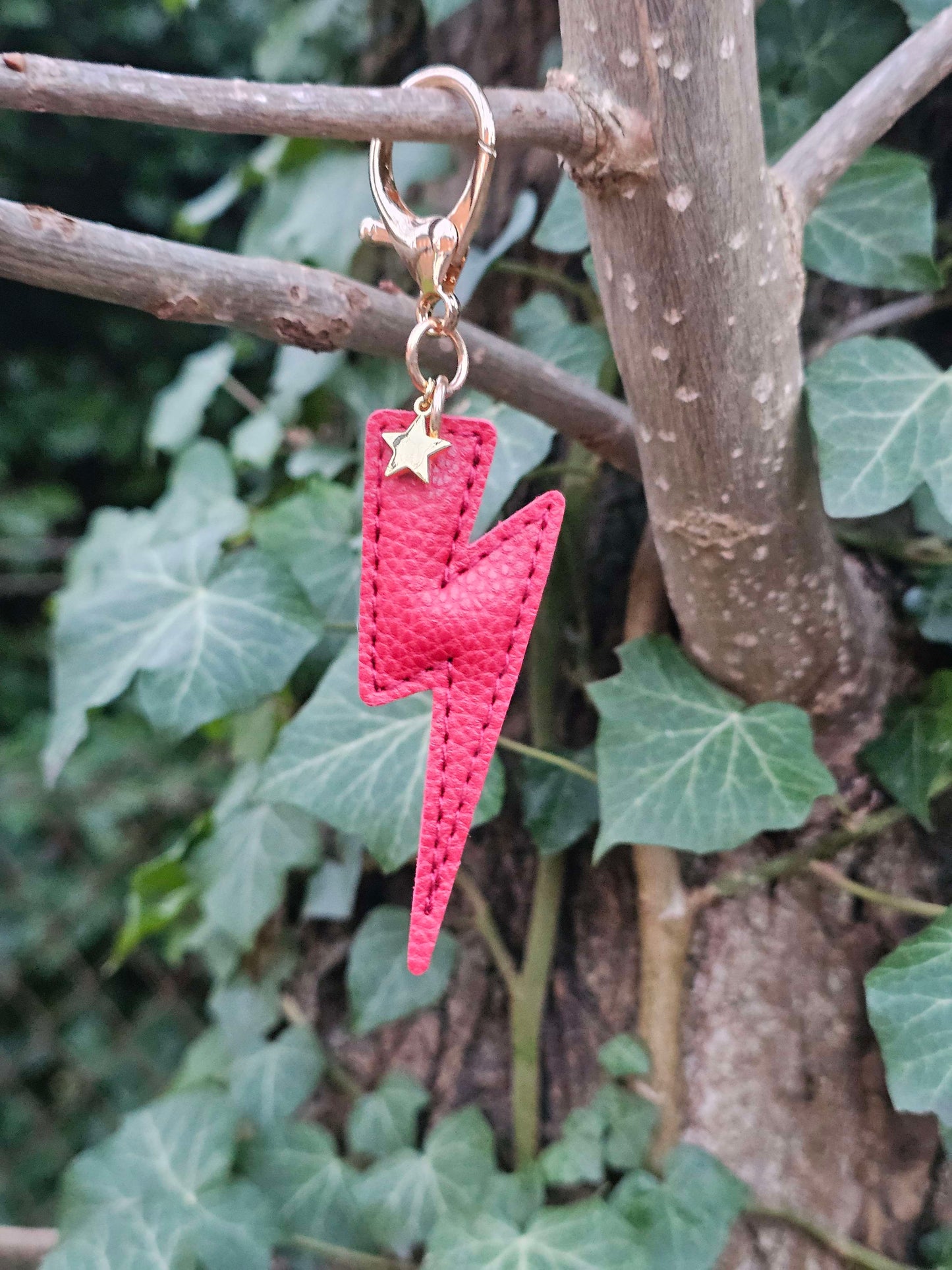 Chilli Red Lightning Bolt Leather Keyring