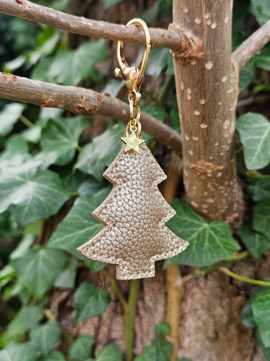 Gold Christmas Tree Leather Keyring