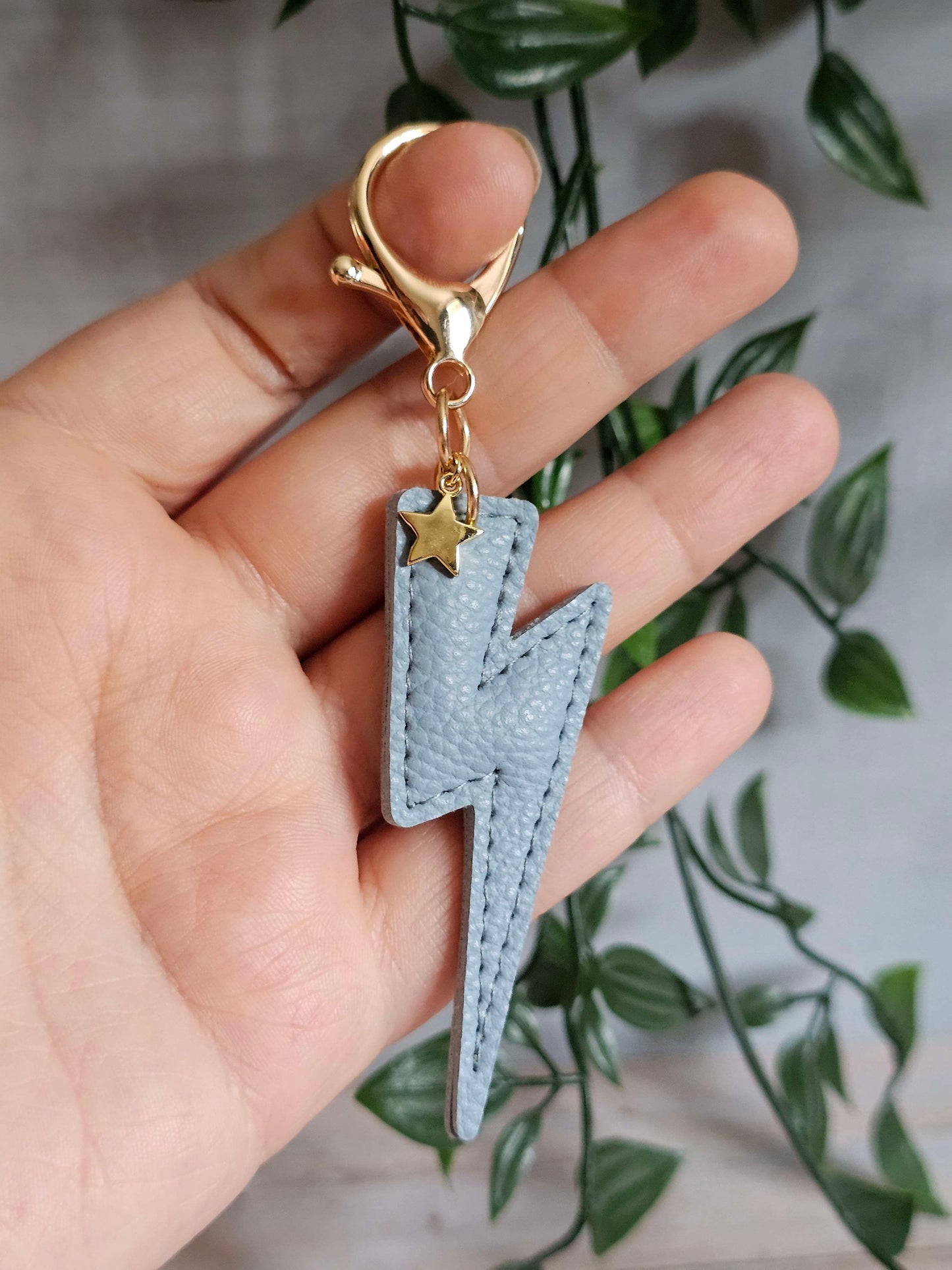 Light Blue Lightning Bolt Leather Keyring