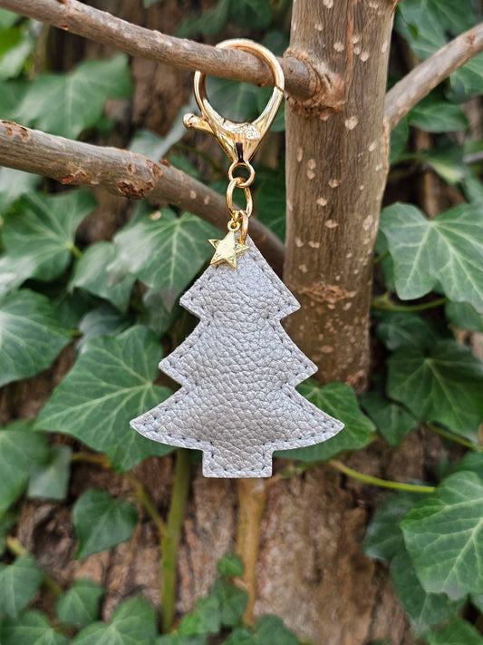Silver Christmas Tree Leather Keyring