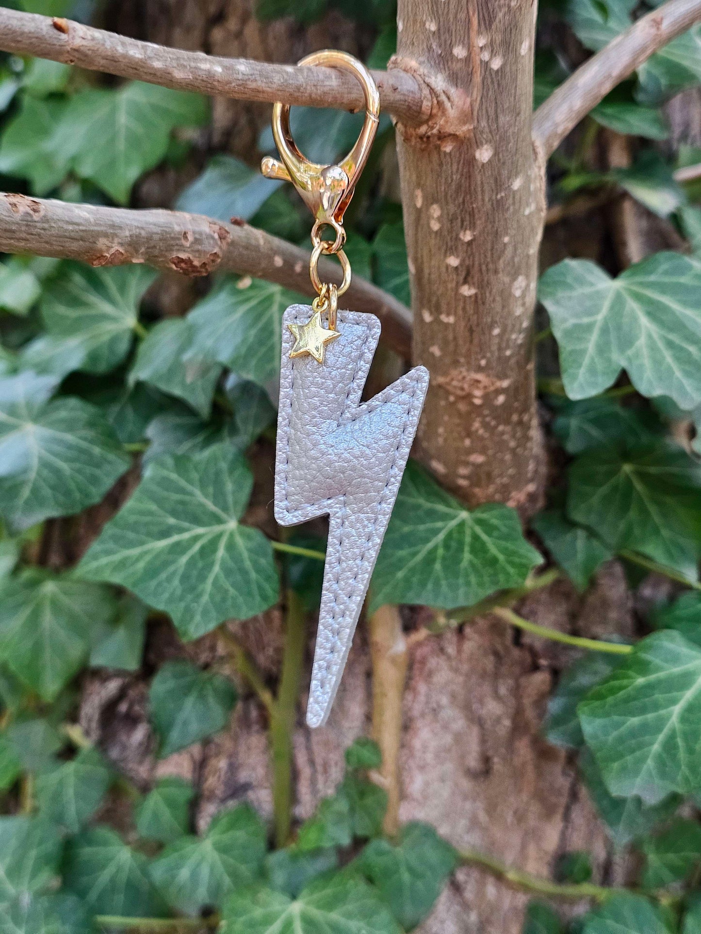 Silver Lightning Bolt Leather Keyring
