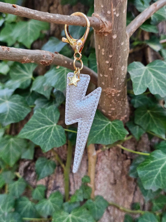 Silver Lightning Bolt Leather Keyring